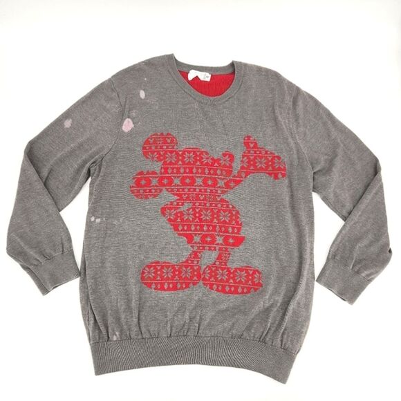 Disney Store Mickey Mouse Sweater Sweatshirt 2XL Men Grey Red FairIsle Christmas - Picture 1 of 11